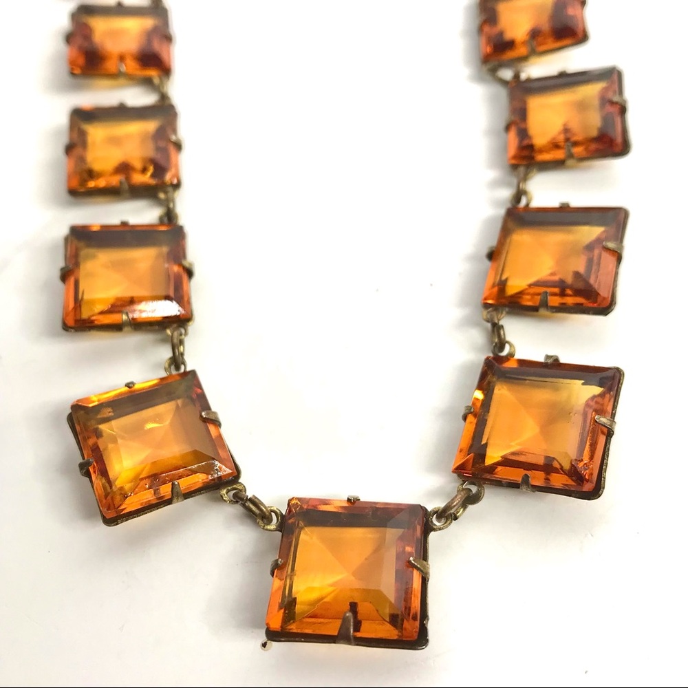 Antique Glass Necklace Gold Amber Czech Vintage